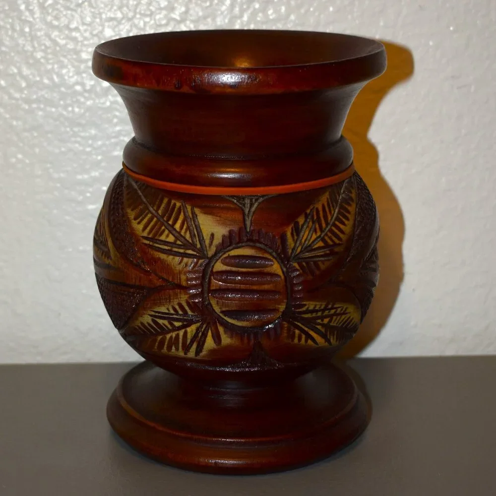Unbranded Hand Carved Wooden Vase Home Decor Brown Excellent Etched Floral Boho